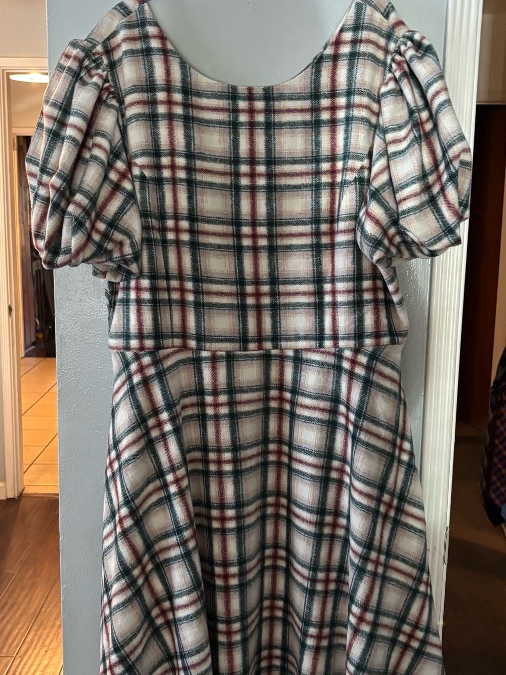 Ivy City Co Plaid Puff-Sleeve Midi Dress in Cream, Green & Burgundy